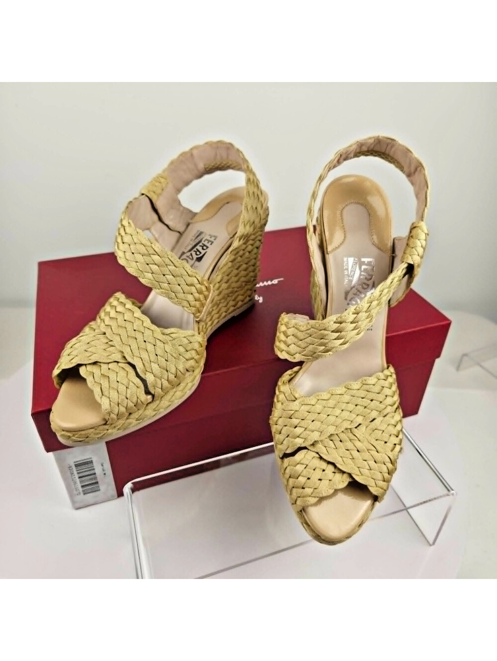 Salvatore Ferragamo Dulcinea Wedge Sandals 7 C Braided Beige NIB Italy Box
